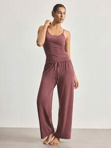 Ocili 2 piezas Camiseta y Pantalones con cordón, Pantalones de pijama minimalistas suaves y cómodos, Conjunto de ropa de dormir para mujer - Burdeos - Ver 2