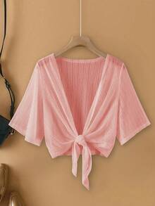 Linhara Plus Size Women Elegant Lace Mesh Sheer Sleeve Beach Cover Up Jacket - Pink - View 1