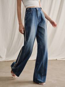 Anewsta Women's Elegant Romantic Party & Vacation High Waist Side Slit Straight Leg Jeans, Spring/Summer - Blue - View 4