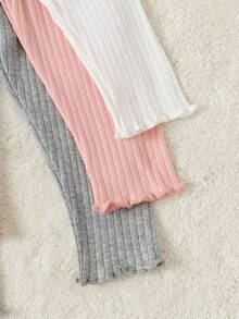 SHEIN Vintaside Kids 3件組女嬰灰色與粉色秋季休閒畢業返校打底褲 6個月-3歲 螺紋波浪下擺彈性腰圍柔軟極簡風 - 彩色 - 查看 5