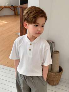 Hapijoa Young Boy Solid Color Button Design Short Sleeve Casual T-Shirt Summer - White - View 7