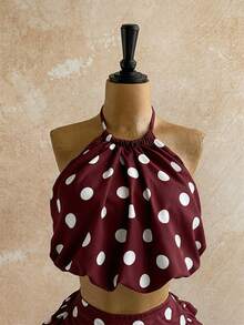 Soleia Bộ áo hai dây chấm bi và chân váy xòe cho nữ, thích hợp cho những buổi hẹn hò mùa hè, đi biển và dạo chơi bên bờ biển. - Cà phê nâu - Xem 4