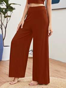 SHEIN Essnce 休闲百搭纯色阔腿裤 - 鏽棕色 - 查看 4