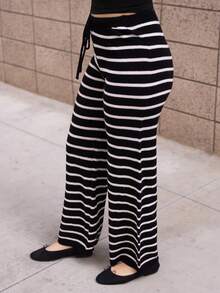 Andrea Bello 女式休闲黑白条纹抽绳腰针织裤，秋季 - 黑色 - 查看 4