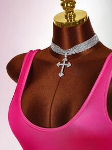 Amplova Shiny Fabric Sexy Plunging Neckline Women's Bodysuit - Hot Pink - View 4