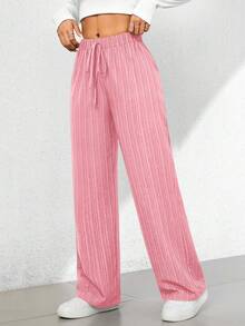 SHEIN PETITE 夏季休闲纹理阔腿七分裤 - 粉色 - 查看 4
