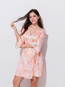 LUVLETTE Áo choàng ngủ satin hoa văn mùa hè thoáng mát dành cho nữ - Váy ngủ nhẹ thắt eo, đồ ngủ mùa hè thoáng mát, đồ mặc nhà, đồ cưới - Hồng - Xem 4