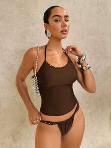 Swim Glamine Conjunto de traje de baño de verano para mujer con parte superior tipo tankini de unicolor con cuello halter y Bottom tipo tankini triangular - Marrón - Ver 1