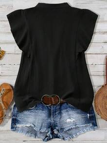 Linhara Plus Size Women Casual V-Neck Partial Button Ruffle Trim Blouse - Black - View 2