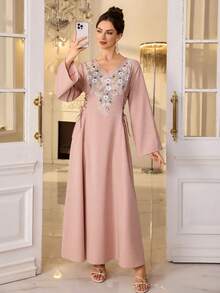 Yasmyna Vestido árabe con cintura anudada, muy bordado y con cuentas para mujer - Rosa - Ver 5
