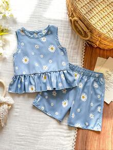 SHEIN Vintaside Kids 两件套女童纯色圆领无袖上衣和宽松纯色短裤套装 - 藍色 - 查看 3