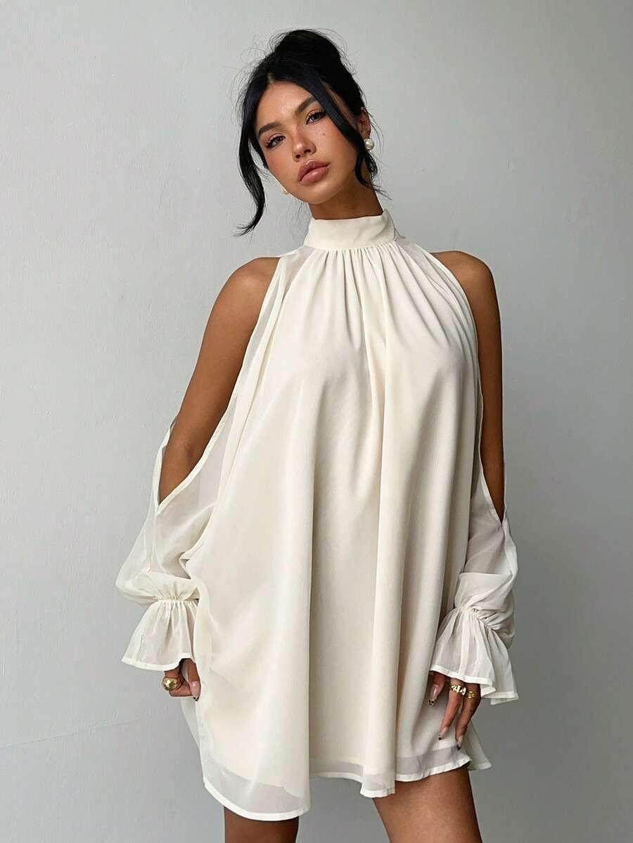 Aloruh 女士夏季新款杏色优雅性感简约时尚浪漫约会婚礼宾客外出派对露肩雪纺迷你连衣裙 - 杏色 - 查看 1