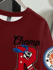 Manfinity Joysei Camiseta de manga corta de moda casual para hombres, con estampado de letras y estrellas, para uso diario y trayectos, verano - Burdeos - Ver 3