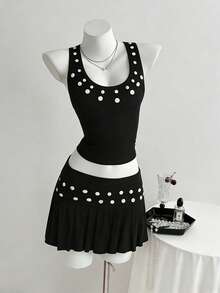 Elamini Bộ đồ hè mới, phong cách vintage tối giản, gồm áo hai dây và chân váy ngắn có cúc trang trí, thích hợp cho tiệc tùng, mặc hàng ngày, du lịch, lễ hội âm nhạc, trang phục đen cho nữ, trang phục nghỉ hè. - màu đen - Xem 1