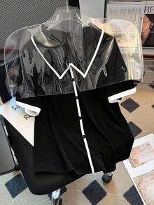 GlowEve CURVE Áo thun nữ cỡ lớn, chất liệu vải dệt kim gân, cổ bẻ, tay ngắn, raglan, dáng rộng, thẳng, thoải mái, đa năng, thích hợp mặc hàng ngày. - màu đen - Xem 6