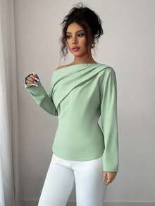 Elenzga Blusa de manga larga con volantes y hombros oblicuos para mujer, nueva para el otoño - Verde - Ver 5