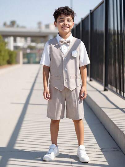 SHEIN Bộ vest lịch lãm 2 món cho bé trai tuổi thiếu niên: Áo sơ mi ngắn tay màu trắng, áo vest, quần short/quần dài. Trang phục lịch lãm phù hợp cho mùa xuân/hè, mặc ở nhà, đi chơi, tiệc sinh nhật, lễ rửa tội, lễ kỷ niệm, khách mời đám cưới, phù rể, người giữ nhẫn.
