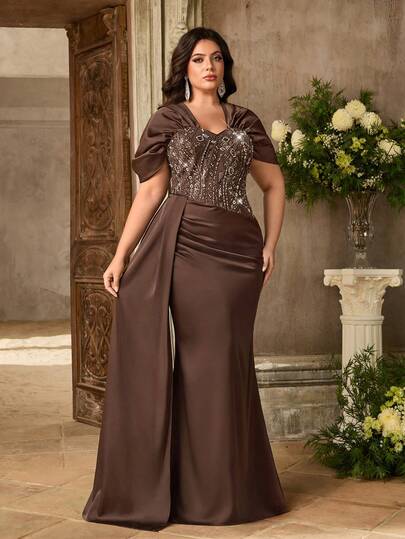 Aureia Plus Size Elegant Luxurious Coffee-Colored Beaded Embroidered Patchwork High-Stretch Satin Off-Shoulder Fitted Mermaid Pleated Dress With Overlay, Suitable For Evening Parties, Galas, Weddings, Honeymoon, And Wedding Season Events (Intricate Design)
