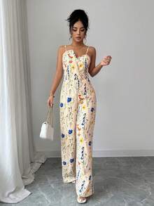 Rafferiza 女士新款数码印花吊带阔腿连体裤，适合旅行和度假穿着 - 米色 - 查看 5