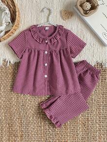 Bộ 2 món thời trang ngọt ngào màu hồng kẻ caro dễ thương cho bé gái: áo khoác cardigan tay ngắn cổ Peter Pan và quần dài gấu bèo nhún, đồ mặc nhà thoải mái. - Hồng - Xem 1