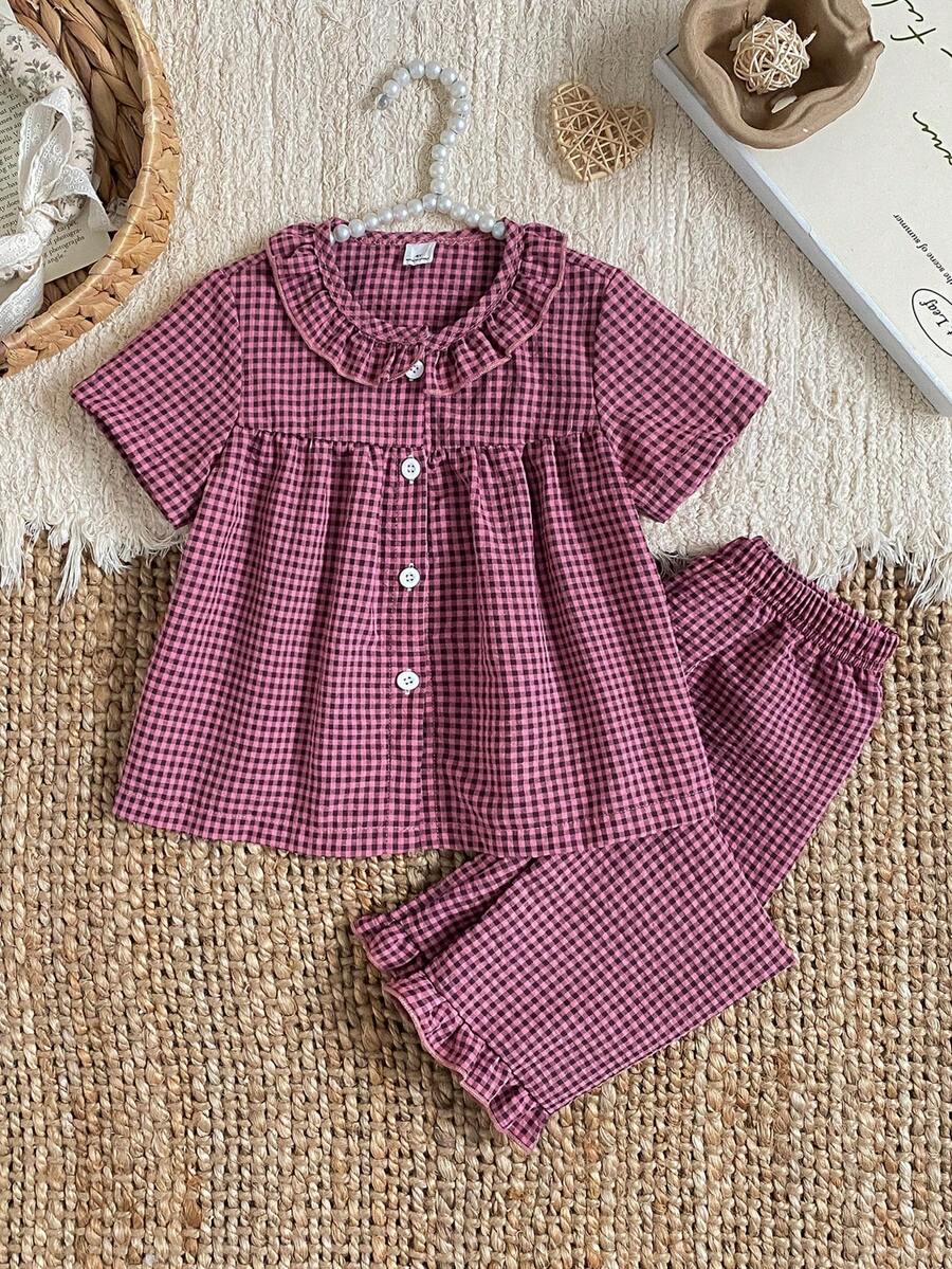 Bộ 2 món thời trang ngọt ngào màu hồng kẻ caro dễ thương cho bé gái: áo khoác cardigan tay ngắn cổ Peter Pan và quần dài gấu bèo nhún, đồ mặc nhà thoải mái. - Hồng - Xem 1