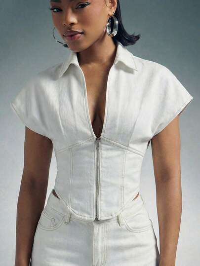 Denimoi Women's Solid Color Zip Front Fitted Denim Blouse