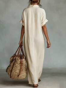 Balvessa Đầm casual cổ chữ V thêu tay dài 3/4 - Màu be - Xem 2