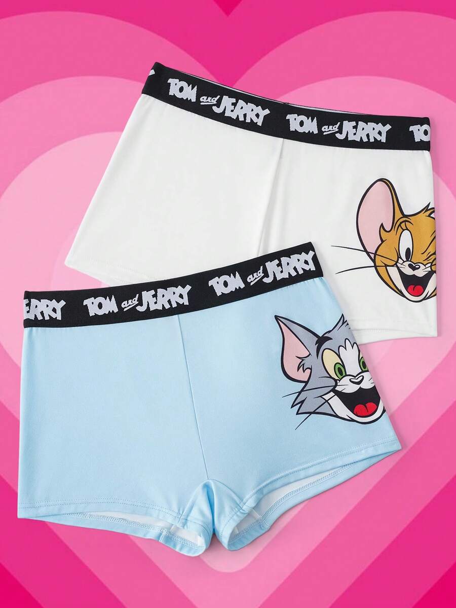 TOM & JERRY X SHEIN 2条/套 女士字母卡通印花休闲日常三角裤 - 藍白色 - 查看 1