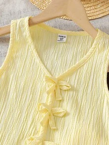 SHEIN Vintaside Kids 2件套女童无袖条纹编织背心，带蝴蝶结装饰，搭配松紧腰宽松短裤，夏季套装，适合母亲节和儿童节。 - 黃色 - 查看 7