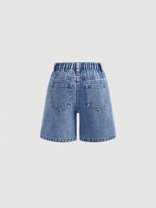 年轻女孩夏季休闲时尚街头宽松重叠腰部牛仔短裤 - 中等水洗藍 - 查看 4