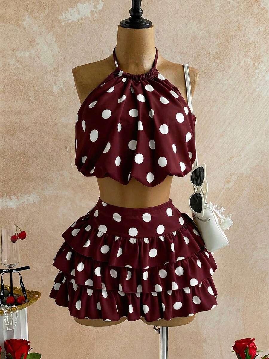 Soleia Bộ áo hai dây chấm bi và chân váy xòe cho nữ, thích hợp cho những buổi hẹn hò mùa hè, đi biển và dạo chơi bên bờ biển. - Cà phê nâu - Xem 1