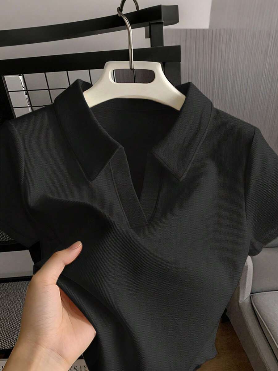 SHEIN Franclia Women's Solid Color Polo Collar Short Sleeve Casual T-Shirt - Black - View 1