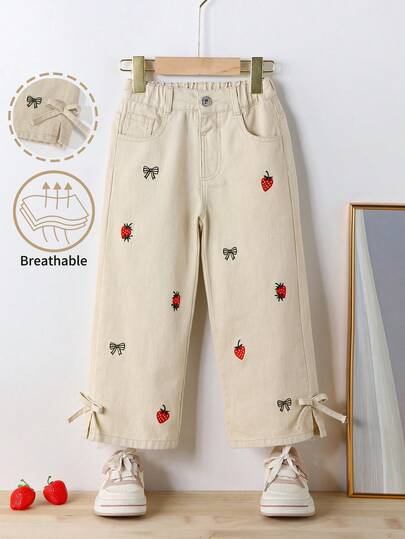 Genkimix Kids Young Girl' Light Khaki Wide-Leg Jeans With Bow Hem Design, Paired With Red Strawberry & Yellow Bow Embroidered Decor, Fresh And Sweet, Suitable For Spring/Summer Casual Wear, Can Be Matched With T-Shirts Or Shirts To Create A Relaxed And Artistic Style, Snug Fit And Elongating, Ideal For Outings And Shopping