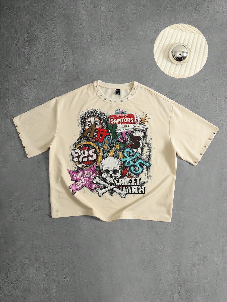 ROMWE MEN Street Life Men's Rivet Decor Printed Loose Cropped T-Shirt - Apricot - View 1