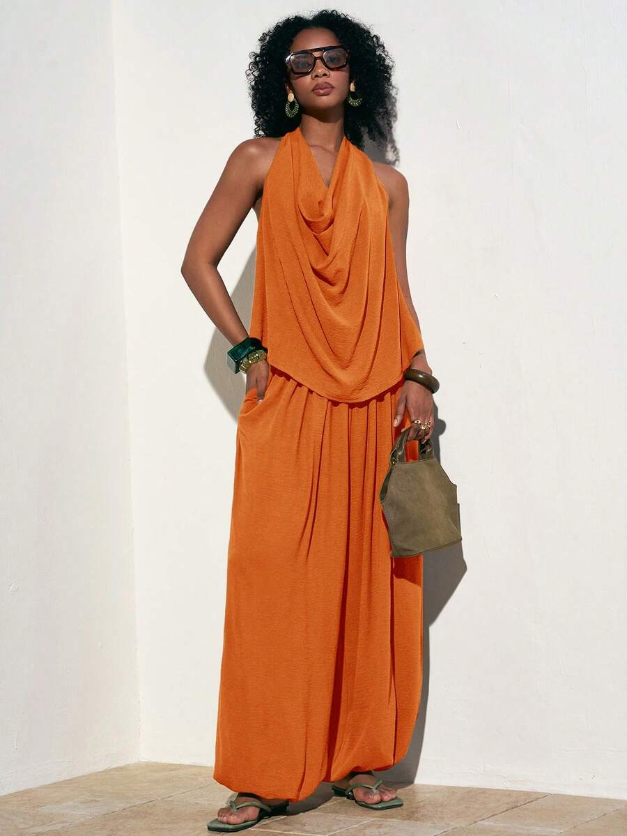 Zivah Bộ đồ nữ gồm áo hai dây hở lưng và quần dài, hàng mới về mùa Xuân/Hè 2026, thích hợp cho Ngày Valentine/Lễ hội âm nhạc/Lễ Phục Sinh, phong cách miền Tây/du mục/bohemian, thích hợp cho kỳ nghỉ. - trái cam - Xem 1