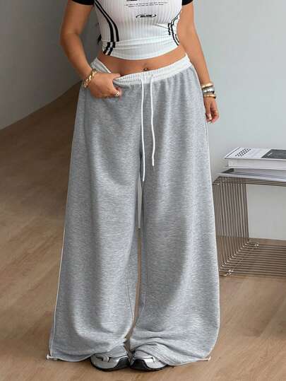 Coolane Pantalones deportivos anchos de tiro bajo y pierna ancha de color gris francés, de uso diario minimalista y básico, para mujer de talla grande, para primavera/verano