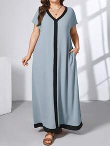 SHEIN Essnce 夏季大码休闲撞色连衣裙 - 淺藍色 - 查看 8