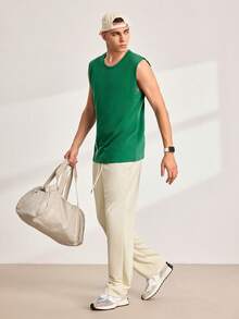 Driftmere 男士针织直筒裤，字母印花，休闲高街风格，宽松版型，适合春秋夏 - 杏色 - 查看 3