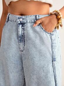 Freevana Women's Plus Size Light Blue Denim Culottes,High Waist Elastic Wide Leg Jeans,Vertical Seam Soft Breathable Cropped Pants,Summer Boho Everyday Style - Blue - View 5