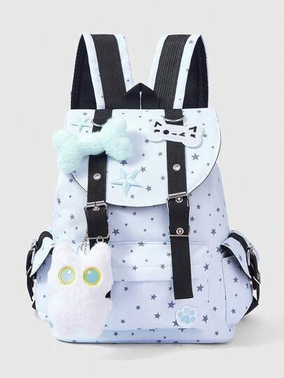 ROMWE Anime 1Pc Blue Punk College Wind Cat Claw Print Bone Stars Contrasting Colors Multi-Pocket Stars Black Backpack Fashionable And Casual Unisex Large-Capacity Backpack Suitable For Commuting And School