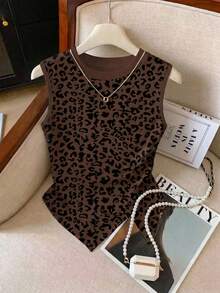 Resyla Women's Spring/Summer New Arrival Leopard Print Round Neck Asymmetrical Hem Fitted Camisole - Multicolor - View 1