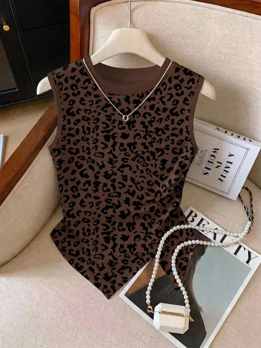 Resyla Women's Spring/Summer New Arrival Leopard Print Round Neck Asymmetrical Hem Fitted Camisole - Multicolor - View 1