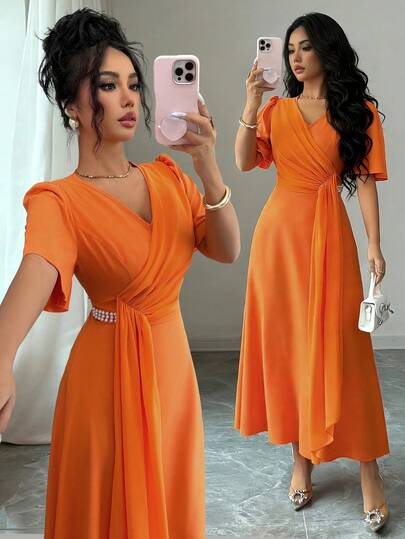 Rafferiza 优雅褶裥短袖收腰A字中长连衣裙，配腰带，橙色，适合通勤和日常穿着，春夏款