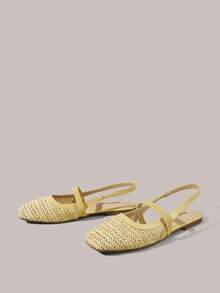 Styleloop Giày đế bằng nữ, giày hở gót, dải đan thoáng khí trang trí, mũi vuông nhỏ cổ thấp, thoải mái và thanh lịch, Mary Jane, phong cách du lịch nghỉ dưỡng, Bohemian, mặc mùa hè, không khí nghỉ dưỡng - Màu Khaki - Xem 2