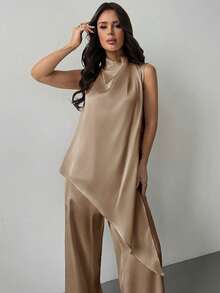 Firerie Bộ trang phục công sở thanh lịch dành cho nữ - Áo sơ mi satin trắng không tay cổ xếp ly dáng rộng vạt bất đối xứng và quần ống đứng thoải mái, bộ đồ duyên dáng, trang phục giáo viên. - Màu Khaki - Xem 3