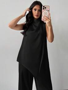 Firerie Bộ trang phục công sở thanh lịch dành cho nữ - Áo sơ mi satin trắng không tay cổ xếp ly dáng rộng vạt bất đối xứng và quần ống đứng thoải mái, bộ đồ duyên dáng, trang phục giáo viên. - màu đen - Xem 5