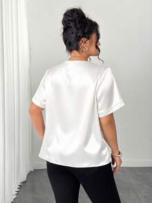 Elenzga Plus-Size Elegant Glossy Minimalist V-Neck Satin Shirt For Women, A Casual Business Summer Outfit. - White - View 2