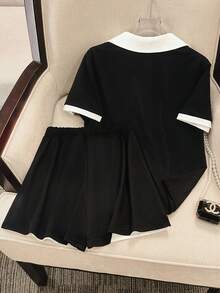 Resyla Summer New Contrast Color Short Sleeve Half-Zip Casual 2 Pieces Set Beach Club Black And White - Black - View 2