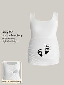 Modmama 孕妇脚印印花褶皱休闲百搭日常哺乳上衣 - 白色 - 查看 1