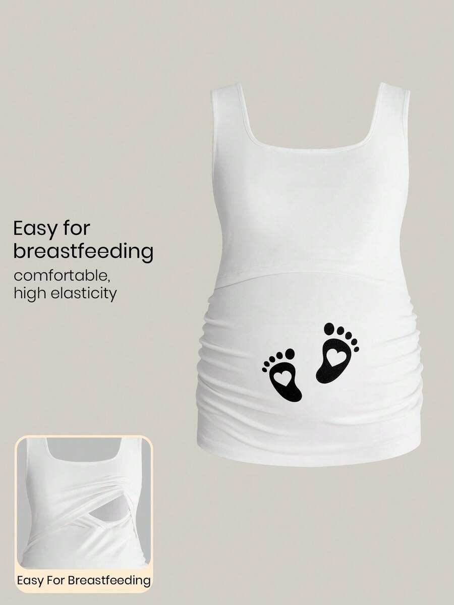 Modmama 孕妇脚印印花褶皱休闲百搭日常哺乳上衣 - 白色 - 查看 1